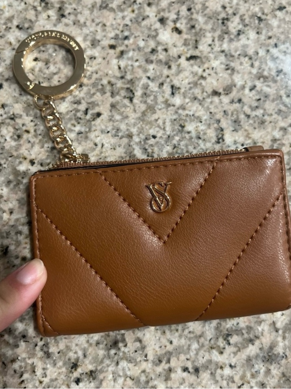 Victoria's Secret Tan Quilted Key Pouch Wallet with Gold Hardware